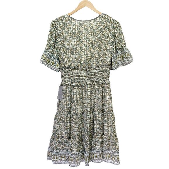 NWT Max Studio Tiered A-Line Flutter Sleeve Dress Cream Green Floral Size Medium - Picture 3 of 14